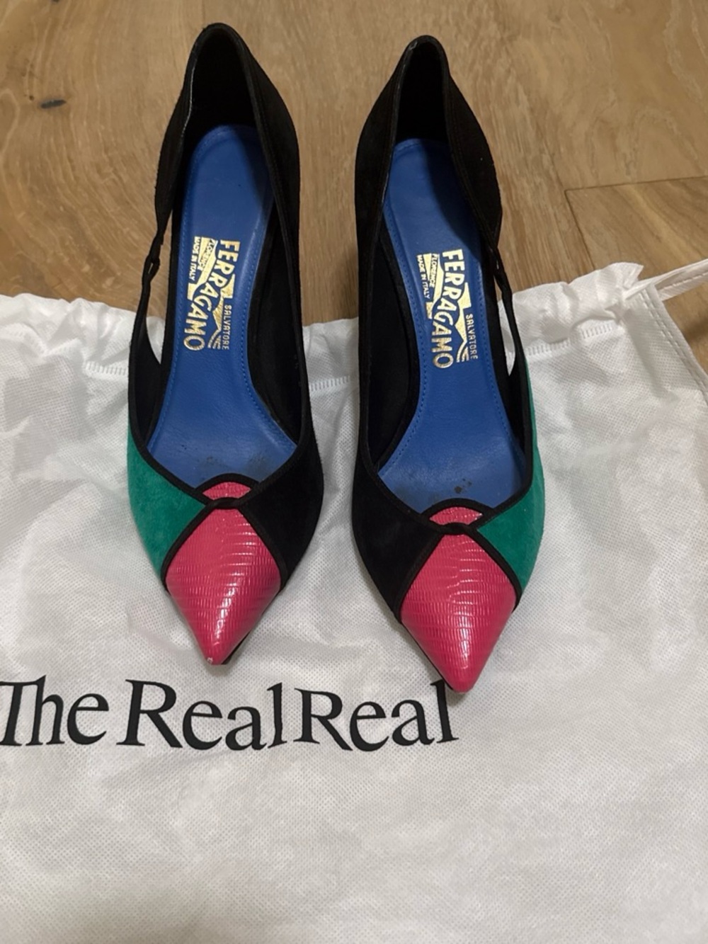 Salvatore Ferragamo Vintage Black Suede Pumps with Pink & Green Accents